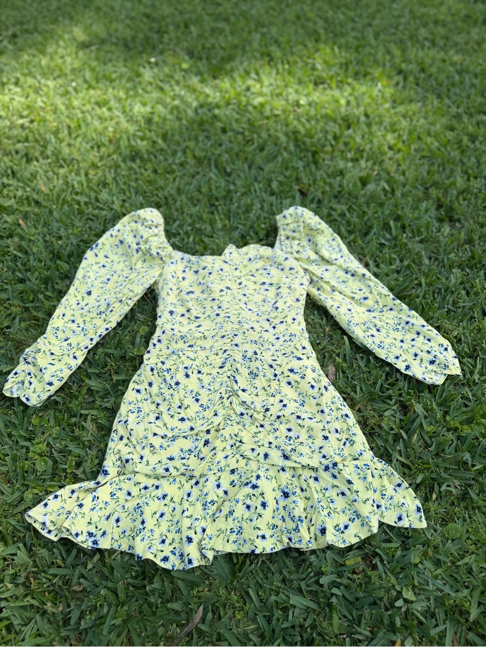 Yellow Floral Ruched Mini Dress Puff Sleeve Cottagecore Size S - Picture 7 of 7